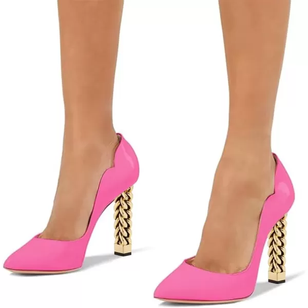 imageFSJ Women Sexy Gold Chunky Heel Pointed Toe Block High Heel Pumps Slip On Elegant Wedding Party Shoes Size 415 USHot Pink