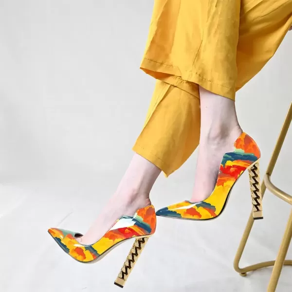 imageFSJ Women Sexy Gold Chunky Heel Pointed Toe Block High Heel Pumps Slip On Elegant Wedding Party Shoes Size 415 USPainting