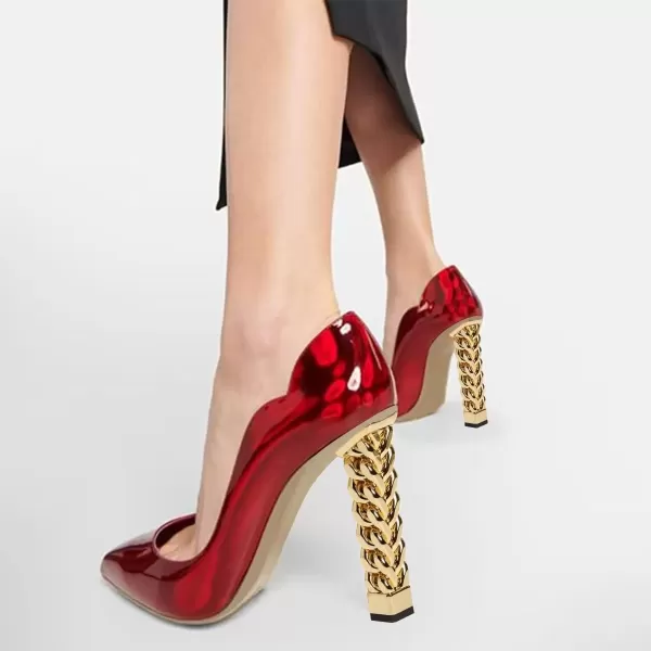 imageFSJ Women Sexy Gold Chunky Heel Pointed Toe Block High Heel Pumps Slip On Elegant Wedding Party Shoes Size 415 USRed Mirror