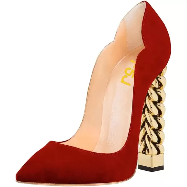 imageFSJ Women Sexy Gold Chunky Heel Pointed Toe Block High Heel Pumps Slip On Elegant Wedding Party Shoes Size 415 USRed Suede