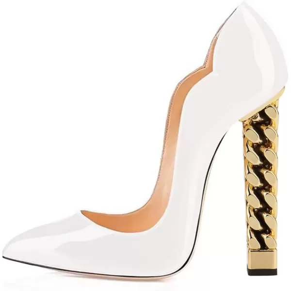 imageFSJ Women Sexy Gold Chunky Heel Pointed Toe Block High Heel Pumps Slip On Elegant Wedding Party Shoes Size 415 USWhite