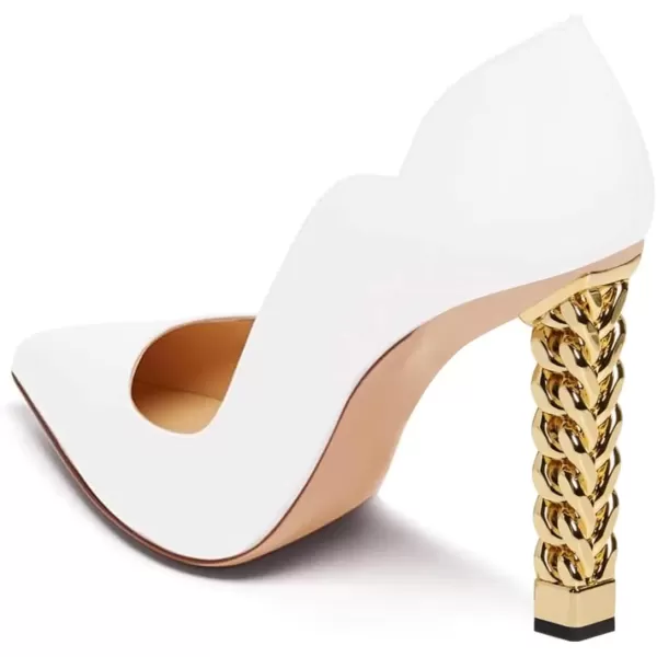 imageFSJ Women Sexy Gold Chunky Heel Pointed Toe Block High Heel Pumps Slip On Elegant Wedding Party Shoes Size 415 USWhite