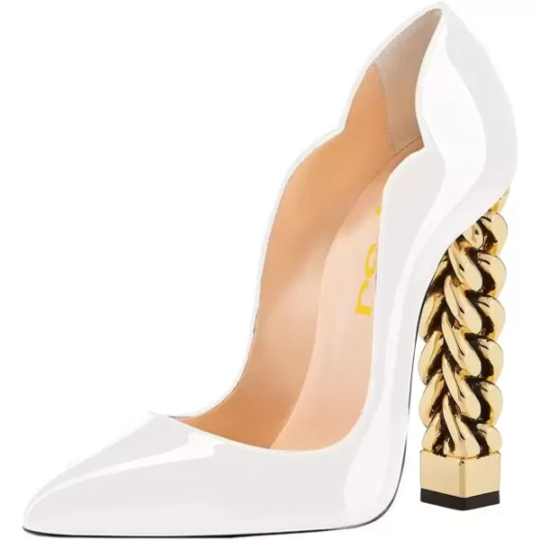imageFSJ Women Sexy Gold Chunky Heel Pointed Toe Block High Heel Pumps Slip On Elegant Wedding Party Shoes Size 415 USWhite