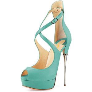 imageFSJ Women Gorgeous Peep Toe Platform Pumps Cross Strap High Heels Sandals Party Shoes Size 415 USTurquoise