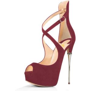 imageFSJ Women Gorgeous Peep Toe Platform Pumps Cross Strap High Heels Sandals Party Shoes Size 415 USWine