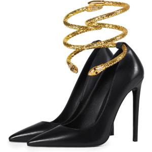 imageFSJ Womens Sexy High Heels Pointed Toe Stilletos Pumps with Gold Metal Snake Spiral Around The Ankle Heeled Dress Party Pumps Shoes Size 415 USBlack