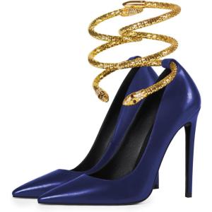 imageFSJ Womens Sexy High Heels Pointed Toe Stilletos Pumps with Gold Metal Snake Spiral Around The Ankle Heeled Dress Party Pumps Shoes Size 415 USBlue