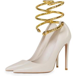 imageFSJ Womens Sexy High Heels Pointed Toe Stilletos Pumps with Gold Metal Snake Spiral Around The Ankle Heeled Dress Party Pumps Shoes Size 415 USWhite