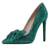 imageFSJ Women Fashion Pointed Toe Glitter Rhinestone High Heel Wedding Pump Sexy Slip On Stiletto Party Sparkly Prom Dress Shoe with Cute Bowknot Size 415 USGreen