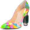 imageFSJ Women Bridal Pointed Toe Chunky High Heel Printed Multicolor Pumps Slip on Wedding Thick Comfy Shoes US Size 415 M USColor Block