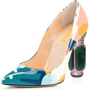 imageFSJ Women Bridal Pointed Toe Chunky High Heel Printed Multicolor Pumps Slip on Wedding Thick Comfy Shoes US Size 415 M USBlue Printing