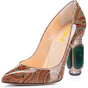 imageFSJ Women Bridal Pointed Toe Chunky High Heel Printed Multicolor Pumps Slip on Wedding Thick Comfy Shoes US Size 415 M USBrown Circle