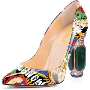 imageFSJ Women Bridal Pointed Toe Chunky High Heel Printed Multicolor Pumps Slip on Wedding Thick Comfy Shoes US Size 415 M USCartoon