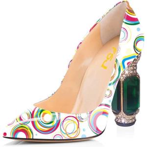 imageFSJ Women Bridal Pointed Toe Chunky High Heel Printed Multicolor Pumps Slip on Wedding Thick Comfy Shoes US Size 415 M USCircle Line