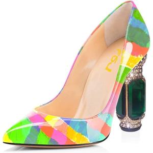 imageFSJ Women Bridal Pointed Toe Chunky High Heel Printed Multicolor Pumps Slip on Wedding Thick Comfy Shoes US Size 415 M USColor Block