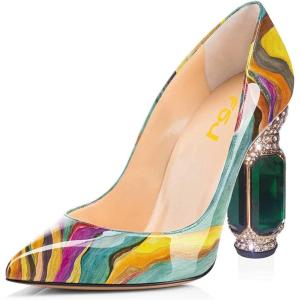 imageFSJ Women Bridal Pointed Toe Chunky High Heel Printed Multicolor Pumps Slip on Wedding Thick Comfy Shoes US Size 415 M USDye