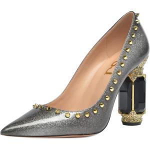 imageFSJ Women Bridal Pointed Toe Chunky High Heel Printed Multicolor Pumps Slip on Wedding Thick Comfy Shoes US Size 415 M USGrey