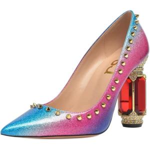 imageFSJ Women Bridal Pointed Toe Chunky High Heel Printed Multicolor Pumps Slip on Wedding Thick Comfy Shoes US Size 415 M USRainbow Rivets