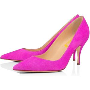 imageFSJ Women Classic Kitten Heels Pointy Closed Toe Pumps Slip On Office Ladies Party Date Business Dress Shoe Size 415 USHot Pink