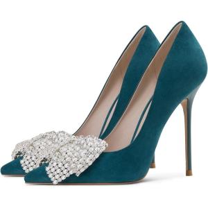imageFSJ Women Fashion Pointed Toe Glitter Rhinestone High Heel Wedding Pump Sexy Slip On Stiletto Party Sparkly Prom Dress Shoe with Cute Bowknot Size 415 USTeal