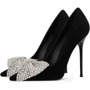 imageFSJ Women Fashion Pointed Toe Glitter Rhinestone High Heel Wedding Pump Sexy Slip On Stiletto Party Sparkly Prom Dress Shoe with Cute Bowknot Size 415 USBlack3