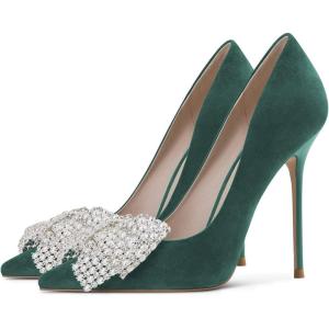 imageFSJ Women Fashion Pointed Toe Glitter Rhinestone High Heel Wedding Pump Sexy Slip On Stiletto Party Sparkly Prom Dress Shoe with Cute Bowknot Size 415 USSeagreen