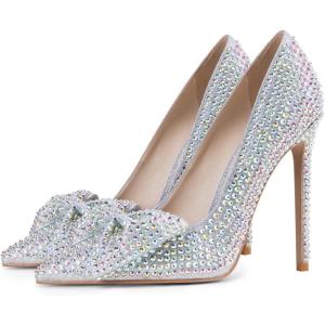 imageFSJ Women Fashion Pointed Toe Glitter Rhinestone High Heel Wedding Pump Sexy Slip On Stiletto Party Sparkly Prom Dress Shoe with Cute Bowknot Size 415 USSilver