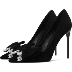 imageFSJ Women Fashion Pointed Toe Glitter Rhinestone High Heel Wedding Pump Sexy Slip On Stiletto Party Sparkly Prom Dress Shoe with Cute Bowknot Size 415 USBlack
