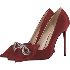 imageFSJ Women Fashion Pointed Toe Glitter Rhinestone High Heel Wedding Pump Sexy Slip On Stiletto Party Sparkly Prom Dress Shoe with Cute Bowknot Size 415 USWine Red