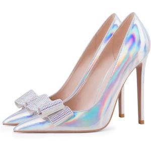 imageFSJ Women Fashion Pointed Toe Glitter Rhinestone High Heel Wedding Pump Sexy Slip On Stiletto Party Sparkly Prom Dress Shoe with Cute Bowknot Size 415 USMulticolor