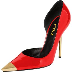 imageFSJ Women Sexy Pointy Cap Toe High Gold Heel Pumps Half DOrsay Slip On Ladies Prom Party Dress Shoe US Size 415Red