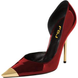 imageFSJ Women Sexy Pointy Cap Toe High Gold Heel Pumps Half DOrsay Slip On Ladies Prom Party Dress Shoe US Size 415Wine Red