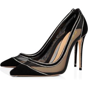 imageFSJ Women Sexy Rhinestones Stilettos High Heels Pointed Toe Slip On Pump Trendy Suede Mesh Party Office Dress Shoes Size 415 USBlack Mesh Rhinestones