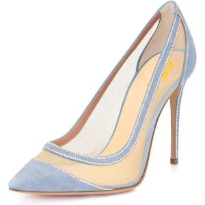 imageFSJ Women Sexy Rhinestones Stilettos High Heels Pointed Toe Slip On Pump Trendy Suede Mesh Party Office Dress Shoes Size 415 USBlue