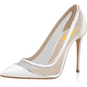 imageFSJ Women Sexy Rhinestones Stilettos High Heels Pointed Toe Slip On Pump Trendy Suede Mesh Party Office Dress Shoes Size 415 USWhite