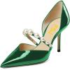 imageFSJ Women Stylish Pointed Toe One Strap with Pearls Sandals Stiletto High Heel Slip On Evening Dress Ladies Shoes Size 415 USGreen