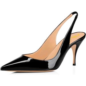 imageFSJ Women Classic Mid High Heels Pointy Toe Pumps Elastic Strap Slingback Sandal Formal Dress Shoes Size 415 USBlack