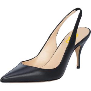 imageFSJ Women Classic Mid High Heels Pointy Toe Pumps Elastic Strap Slingback Sandal Formal Dress Shoes Size 415 USBlack Matte