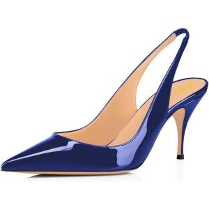 imageFSJ Women Classic Mid High Heels Pointy Toe Pumps Elastic Strap Slingback Sandal Formal Dress Shoes Size 415 USDark Blue