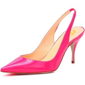 imageFSJ Women Classic Mid High Heels Pointy Toe Pumps Elastic Strap Slingback Sandal Formal Dress Shoes Size 415 USDeep Pink