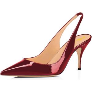 imageFSJ Women Classic Mid High Heels Pointy Toe Pumps Elastic Strap Slingback Sandal Formal Dress Shoes Size 415 USDeep Red