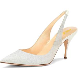 imageFSJ Women Classic Mid High Heels Pointy Toe Pumps Elastic Strap Slingback Sandal Formal Dress Shoes Size 415 USGlitter