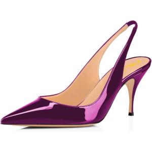 imageFSJ Women Classic Mid High Heels Pointy Toe Pumps Elastic Strap Slingback Sandal Formal Dress Shoes Size 415 USPurple