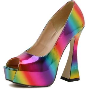 imageFSJ Women Classic Thick High Heels Platform Shoes Fashion Rainbow Elegant Peep Toe Slip On Pumps Dress Wedding Party Size 415 USMulticolor