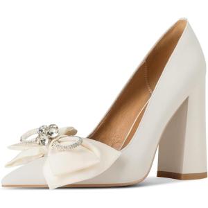 imageFSJ Women Cute Rhinestone Bow Pointed Toe Pumps Shining Crystal Bowtie Chunky Block High Heel Slip On Homecoming Party Dress Shoes Size 415 USBeige