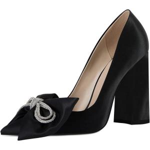 imageFSJ Women Cute Rhinestone Bow Pointed Toe Pumps Shining Crystal Bowtie Chunky Block High Heel Slip On Homecoming Party Dress Shoes Size 415 USBlack