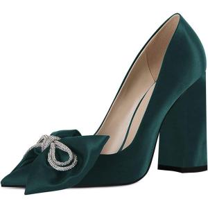 imageFSJ Women Cute Rhinestone Bow Pointed Toe Pumps Shining Crystal Bowtie Chunky Block High Heel Slip On Homecoming Party Dress Shoes Size 415 USForest Green