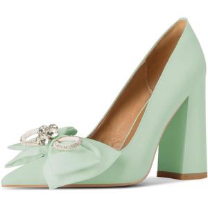imageFSJ Women Cute Rhinestone Bow Pointed Toe Pumps Shining Crystal Bowtie Chunky Block High Heel Slip On Homecoming Party Dress Shoes Size 415 USGreen