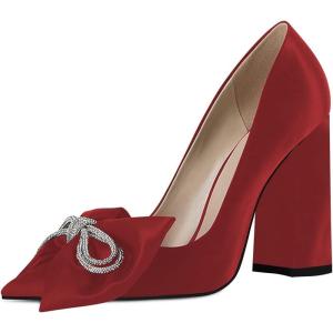 imageFSJ Women Cute Rhinestone Bow Pointed Toe Pumps Shining Crystal Bowtie Chunky Block High Heel Slip On Homecoming Party Dress Shoes Size 415 USRed