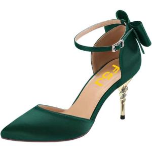 imageFSJ Women Dorsay Pointy Toe Ankle Strappy Pumps Mid Heels Bowknots Sandals Sexy Party Dress Shoes Size 415 USEmerald